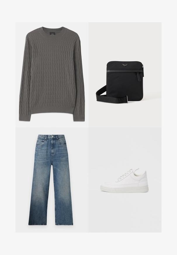 Armani Exchange Pullover - dark gull zig zag; Jean large en denim bleu à taille haute, avec une légère décoloration, cinq poches et une fermeture à bouton en métal à l'avant.; Baskets en cuir blanc avec un embout arrondi, une semelle plate et un laçage à l'avant. Présentent des détails de couture et un col rembourré pour plus de confort.; Sac bandoulière carré noir avec fermeture éclair, poche avant et sangle réglable avec nom de marque embossé.