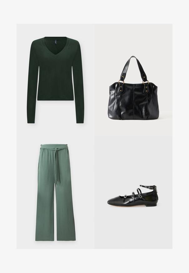 Pull tricoté vert foncé à manches longues avec col en V, poignets et ourlet côtelés, présenté sur un fond clair.; Pantalon vert à jambes larges avec taille élastique et ceinture en tissu nouée, fabriqué dans un matériau doux et texturé, présenté sur un fond blanc.; ALDO NELTA - Ballerines - black; Sac à épaule en cuir noir avec double anses attachées par des anneaux et rivets dorés, surface lisse et légèrement brillante, design simple.