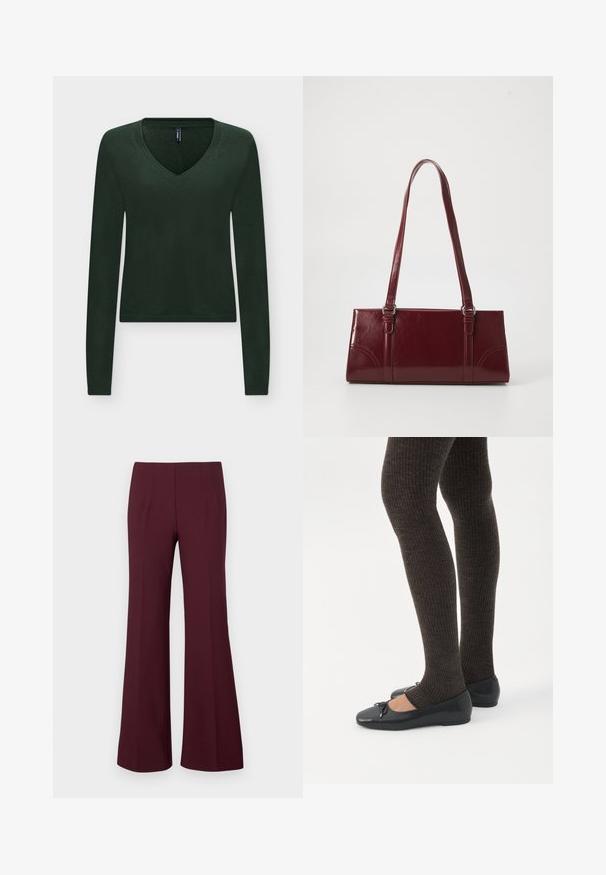 Pull tricoté vert foncé à manches longues avec col en V, poignets et ourlet côtelés, présenté sur un fond clair.; Pantalons évasés bordeaux taille haute avec pinces à l'avant et coupe ajustée, présentés sur fond blanc.; Jambes portant des leggings côtelés foncés associés à des ballerines noires avec de petits détails en nœud sur fond blanc.; Sac à main bordeaux en matériau brillant, de forme rectangulaire, avec deux anses et des accents légèrement courbés à l'avant.