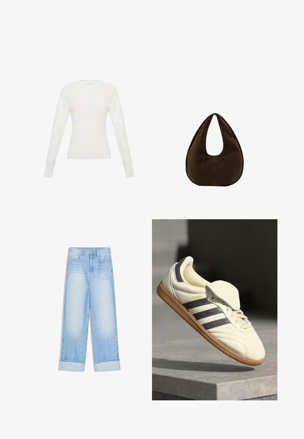 Pull blanc à manches longues avec une texture côtelée, un col rond et un design ajusté. Présente des détails de couture subtils sur le corps.; Jean en denim bleu clair avec une taille haute, des jambes larges et des revers roulés, présentant des coutures contrastées et un design à cinq poches.; Baskets en cuir crème avec trois bandes sombres, une semelle extérieure en gomme marron et un bout arrondi. Présentent une languette pliable étiquetée "SAMBA."; Sac à main en daim marron foncé en forme de croissant avec une seule sangle large et une texture lisse sur fond blanc.