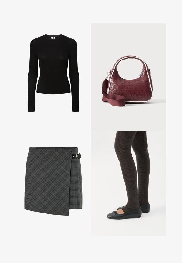 Musthave mustriba pikkade varrukatega särk ümmarguse kaelusega ja nägusa silueti ning tekstuuriga kudumismaterjalist.; Tumehall vöötkoodiga villane sviiterihm paremal küljel musta pandlaga, sirge äärega ja peente diagonaalsete joonte mustriga.; Jalad seljas tumedad soonelises soonelises kombines mustade baleriinadega, millel on väikesed paelade detailid valgel taustal.; Väike bordoopunutud nahkkäekott kumerate käepidemete, valgete äärte, hõbedase tõmblukuga ja eemaldatava laiast kangast õlarihmaga lihtsa taustaga.