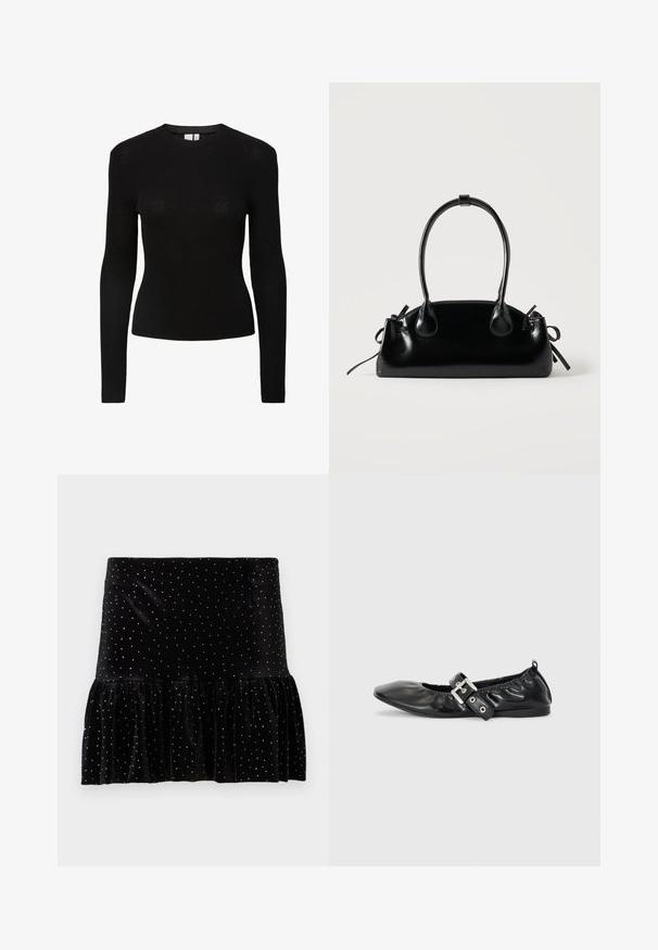 Schwarzes geripptes Langarmshirt mit rundem Halsausschnitt und figurbetonter Silhouette, aus einem strukturierten Strickmaterial gefertigt.; Schwarzer Samtrock mit einem gerafften Saum, verziert mit silbernen Punkten. Verfügt über eine taillierte Taille und eine weiche Textur.; Schwarze Leder-Ballerinas mit spitzem Zehenbereich, gerafften Details am Schaft und einem silbernen Schnallenakzent am verstellbaren Riemen.; Kleine schwarze glänzende Handtasche mit zwei langen Griffen und seitlichen Kordelzug-Details vor einfachem hellem Hintergrund.