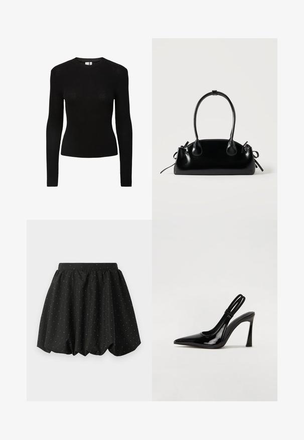 T-shirt noir à manches longues côtelé avec un col rond et une silhouette ajustée, fabriqué à partir d'un matériau en maille texturée.; Jupe bulle noire avec une taille élastique et un motif de pois blancs. Fabriquée en tissu léger, elle présente un design volumineux et un ourlet arrondi.; Escarpin en cuir verni noir à talon aiguille, à bout pointu, avec une sangle élastique double pour un maintien sécurisé. Surface lisse et brillante.; Petit sac à main noir brillant avec deux longues anses et des détails à cordon sur les côtés sur un fond clair uni.