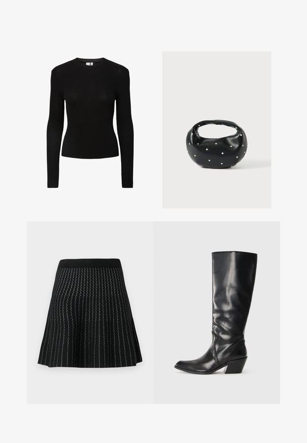 Schwarzes geripptes Langarmshirt mit rundem Halsausschnitt und figurbetonter Silhouette, aus einem strukturierten Strickmaterial gefertigt.; Schwarze Rock mit strukturiertem Strick und Zickzack-Silberstreifen, ausgestelltem Design und festem schwarzen Bund.; Schwarze Leder-Stiefel bis zum Knie mit spitzem Zeh, angularer Ferse und glatter Textur. Verfügt über einen dezenten gesteppten Akzent an der Seite.; Schwarze Lederhandtasche mit abgerundeter Form, verziert mit silbernen Nietenakzenten und kurzem Griff. Glatte Struktur und Reißverschlussverschluss.