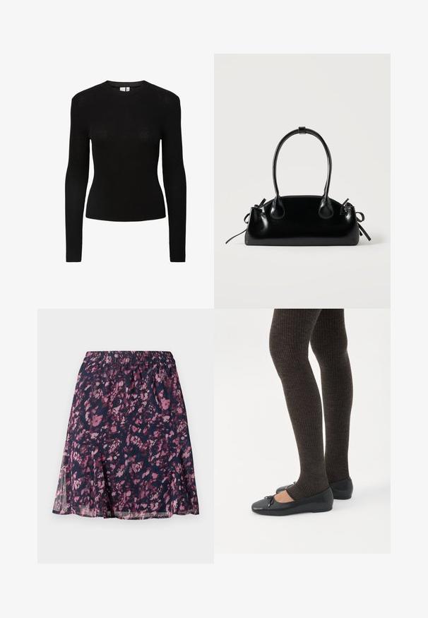 Top de manga larga negra con textura, de cuello redondo y silueta ajustada, confeccionado en material de punto texturizado.; Falda marina con cintura elástica, que presenta un patrón abstracto de flores en tonos rosa y púrpura, y un dobladillo ligeramente acampanado.; Piernas con leggings oscuros acanalados combinados con bailarinas negras que presentan pequeños detalles de lazo sobre un fondo blanco.; Pequeño bolso negro brillante con dos asas largas y detalles de cordón lateral sobre un fondo claro liso.