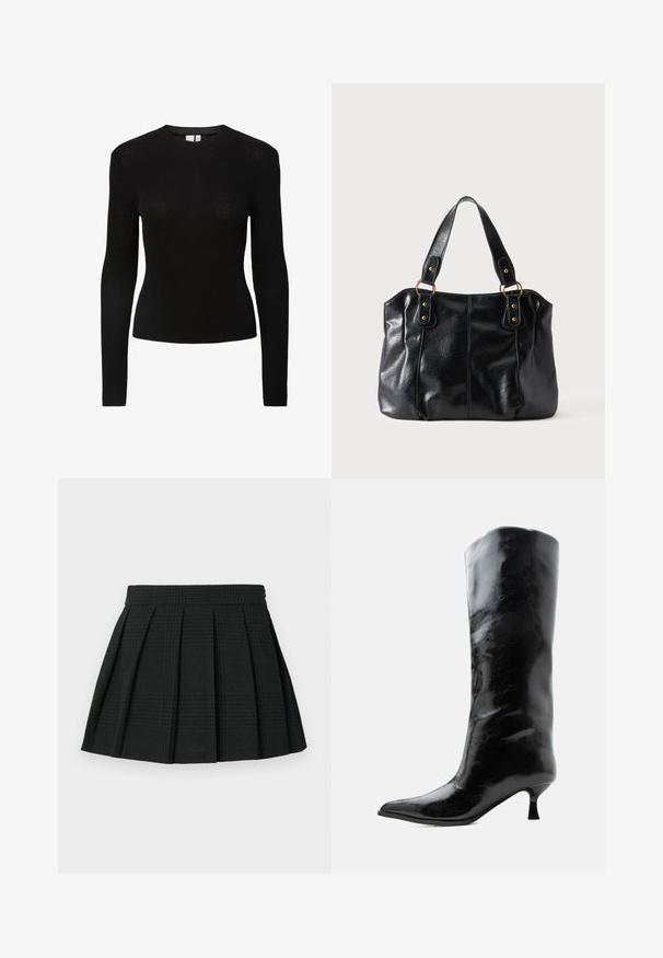 Top de manga larga negra con textura, de cuello redondo y silueta ajustada, confeccionado en material de punto texturizado.; Falda corta de pliegues negra hecha de tela texturizada. Presenta una cinturilla y un sutil patrón de cuadros en toda la prenda. Longitud corta con pliegues en capas.; Bota negra de cuero brillante hasta la rodilla con punta puntiaguda y tacón bajo curvado sobre un fondo claro y liso.; Bolso de cuero negro para el hombro con doble asa unida por anillas y remaches dorados, superficie lisa y ligeramente brillante, diseño sencillo.