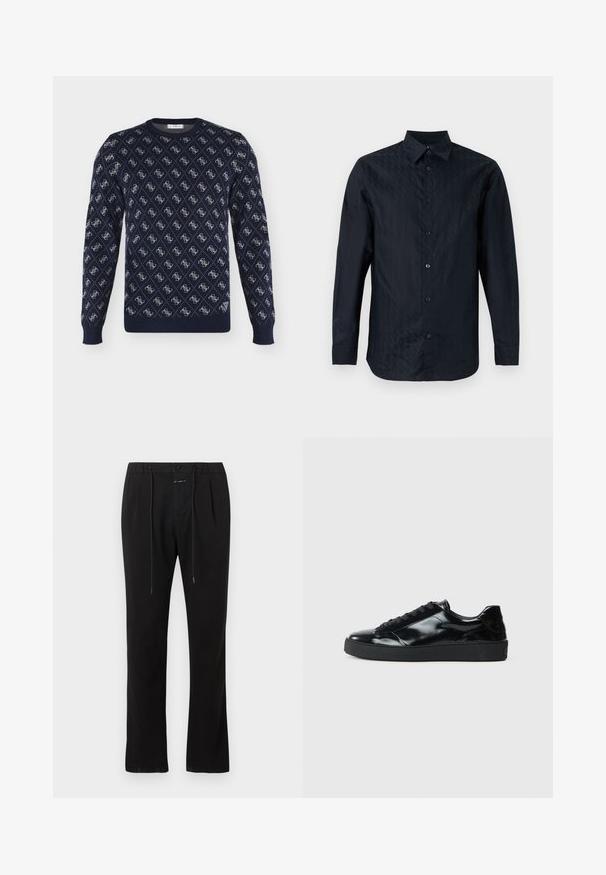 Pull bleu marine à col rond avec motif monogramme blanc répété et poignets et ourlet côtelés.; Chemise noire à manches longues avec boutons et motif diamant subtil en relief, col pointu, présentée sur un fond clair uni.; Pantalon noir à jambes droites avec plis à l'avant, fermeture par bouton et zip, et cordon de serrage à la taille.; Baskets en cuir verni noir avec un bout arrondi, un laçage, une semelle en caoutchouc texturé et une finition lisse.