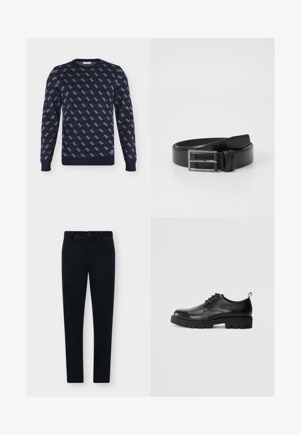 Pull bleu marine à col rond avec motif monogramme blanc répété et poignets et ourlet côtelés.; Pantalon slim noir avec passants de ceinture, bouton devant et fermeture éclair, présenté à plat sur un fond gris clair.; Chaussure en cuir noir à bout arrondi, présentant un design à lacets, une semelle en caoutchouc noire robuste et un petit onglet de talon à l'arrière.; Ceinture en cuir noir au toucher lisse, dotée d'une boucle rectangulaire en argent et d'un double détail de broche. Design classique et polyvalent.