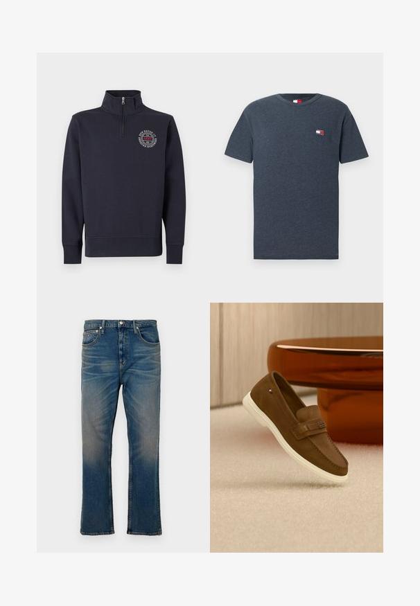 Pull-over en polaire bleu marine avec col montant, fermeture éclair et logo sur la poitrine avant présentant un design circulaire et du texte. Texture lisse, poignets côtelés.; T-shirt à col rond à manches courtes gris foncé avec un petit écusson logo Tommy Jeans sur la poitrine gauche.; Jean en denim bleu avec une coupe droite, comportant cinq poches, une fermeture à bouton et une finition délavée. La texture est lisse avec des coutures visibles.; Mocassin en daim marron avec semelle blanche et détail métallique, flottant au-dessus d'un tapis clair à côté d'un meuble rond marron brillant.