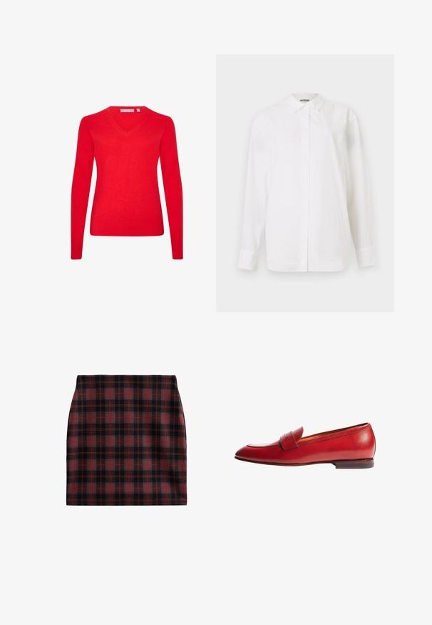 Roter, leichter Pullover mit langen Ärmeln und V-Ausschnitt. Hergestellt aus weichem Stoff, mit gerippten Bündchen und Saum für einen figurbetonten Look.; Weißes Hemd mit Knöpfen aus glattem Stoff. Es hat einen klassischen Kragen, lange Ärmel und einen geraden Schnitt ohne sichtbare Muster oder Verzierungen.; Karierten Rock mit einem schwarz-roten Karomuster. Hergestellt aus weichem Stoff mit figurbetontem Design und geradem Saum.; Scarosso VALERIA - Slipper - red calf
