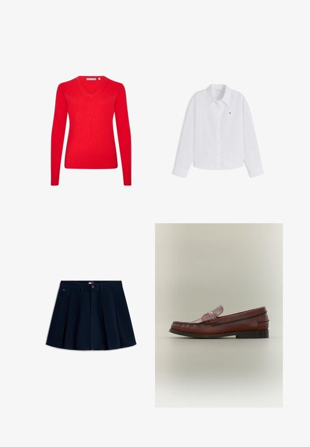 Roter, leichter Pullover mit langen Ärmeln und V-Ausschnitt. Hergestellt aus weichem Stoff, mit gerippten Bündchen und Saum für einen figurbetonten Look.; Weißes, langärmliges Hemd mit Knopfleiste, Kragen und kleinem Tommy Hilfiger Logo auf der linken Brust.; Marineblaue, plissierte Minirock mit Frontknöpfen und Reißverschluss, Gürtelschlaufen, Seitentaschen und kleinem Logo an der linken Hüfte.; Brauner Herren-Loafer aus Leder mit schwarzer Sohle und dekorativem Riemendetail, seitlich auf neutralem Hintergrund dargestellt.