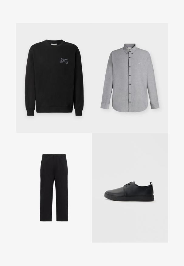 Sweatshirt en coton noir à manches longues, col rond et poignets côtelés. Présente un logo brodé en bleu sur la poitrine.; Chemise gris clair à manches longues avec boutons, col boutonné et petit logo "cK" brodé sur la poitrine gauche.; Pantalon noir droit avec passants pour ceinture, braguette zippée à l'avant et poches latérales, présenté sur fond blanc.; Baskets en cuir noir avec une finition lisse, bout arrondi, coutures ton sur ton, devant à lacets et semelle plate en caoutchouc. Anse au talon.