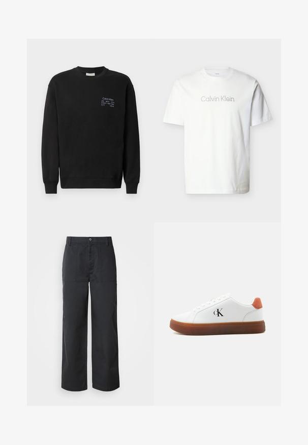 Sweatshirt en coton noir à manches longues, col rond et poignets côtelés. Présente un logo brodé en bleu sur la poitrine.; T-shirt blanc à manches courtes en coton, avec un logo "Calvin Klein" gris sur la poitrine en police minimaliste.; Pantalon à jambes larges en tissu de coton bleu marine foncé, avec poches plaquées à l'avant et fermeture par bouton. Texture lisse avec un design minimaliste.; Baskets basses blanches avec semelle marron, languette orange au talon, lacets et logo "cK" sur le côté.