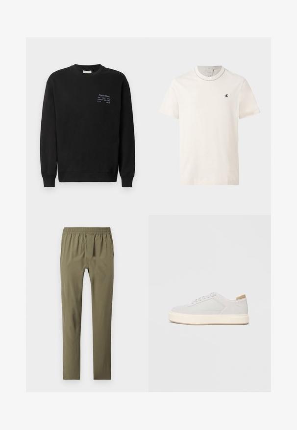 Sweatshirt en coton noir à manches longues, col rond et poignets côtelés. Présente un logo brodé en bleu sur la poitrine.; T-shirt Calvin Klein à manches courtes couleur écru avec col rond et petit logo noir "cK" sur la poitrine gauche.; Pantalon slim vert olive avec taille élastique, deux poches latérales et fermeture éclair à l'avant, posé à plat sur un fond blanc.; Baskets gris clair avec une tige synthétique lisse, un bout rond et une semelle intermédiaire texturée couleur crème. Accents beige clair au niveau du talon.