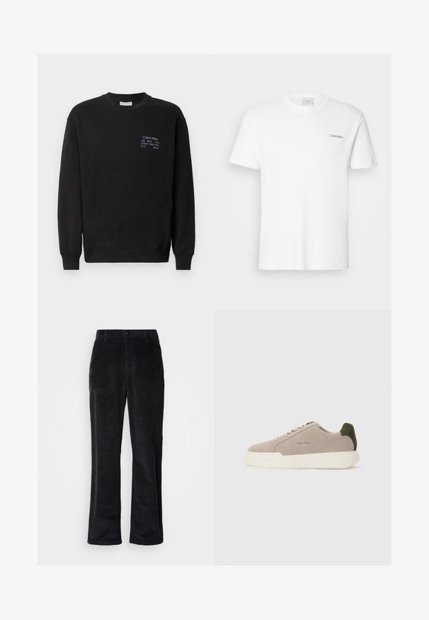 Sweatshirt en coton noir à manches longues, col rond et poignets côtelés. Présente un logo brodé en bleu sur la poitrine.; T-shirt en coton blanc à manches courtes et col rond. Présente un petit logo noir "Calvin Klein" sur la poitrine gauche.; Pantalon en velours côtelé noir foncé avec une coupe droite, doté d'une fermeture à boutons, de passants pour ceinture et de poches latérales pour un port fonctionnel.; Baskets en suède beige avec une semelle en caoutchouc blanche, présentant un accent de talon vert foncé et une branding subtile sur le côté.
