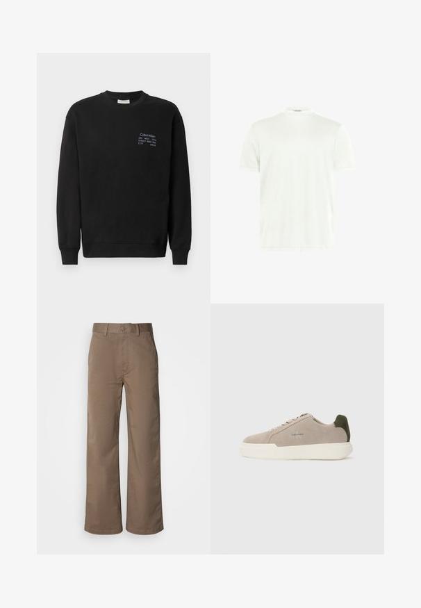 Sweatshirt en coton noir à manches longues, col rond et poignets côtelés. Présente un logo brodé en bleu sur la poitrine.; T-shirt blanc à col rond en tissu doux. Manches courtes, sans motifs. Design simple avec un ourlet droit et des détails minimalistes.; Pantalons larges beige en mélange de coton doux, avec une fermeture par bouton, des passants de ceinture et sans motifs visibles. Texture lisse.; Baskets en suède beige avec une semelle en caoutchouc blanche, présentant un accent de talon vert foncé et une branding subtile sur le côté.