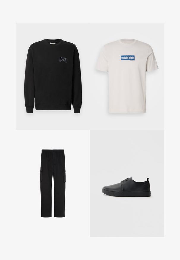 Sweatshirt en coton noir à manches longues, col rond et poignets côtelés. Présente un logo brodé en bleu sur la poitrine.; T-shirt en coton blanc avec un logo rectangulaire bleu portant le texte "calvin klein" et "new york city" en blanc sur le devant. Coupe classique.; Pantalon cargo noir à jambes droites avec taille élastique, fermeture à bouton et deux poches à rabat sur les côtés.; Baskets en cuir noir avec une finition lisse, bout arrondi, coutures ton sur ton, devant à lacets et semelle plate en caoutchouc. Anse au talon.