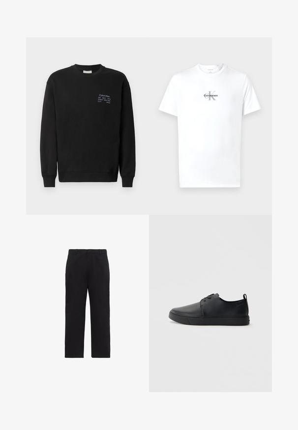 Sweatshirt en coton noir à manches longues, col rond et poignets côtelés. Présente un logo brodé en bleu sur la poitrine.; T-shirt blanc à manches courtes avec col rond portant le logo "cK Calvin Klein" imprimé en noir et gris, centré sur la poitrine.; Pantalon noir droit avec passants pour ceinture, braguette zippée à l'avant et poches latérales, présenté sur fond blanc.; Baskets en cuir noir avec une finition lisse, bout arrondi, coutures ton sur ton, devant à lacets et semelle plate en caoutchouc. Anse au talon.
