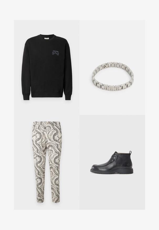 Sweatshirt en coton noir à manches longues, col rond et poignets côtelés. Présente un logo brodé en bleu sur la poitrine.; Pantalons à motifs avec un design de serpent en noir et gris sur un fond beige clair, dotés d'une fermeture à bouton et d'une coupe slim.; Bottes noires en cuir à talon arrondi, avec un design à lacets et une languette à l'arrière. Tige texturée et semelle en caoutchouc.; Bracelet en métal argenté comportant des maillons rectangulaires, une finition polie et de petits accents circulaires, conçu pour s'ajuster étroitement autour du poignet.