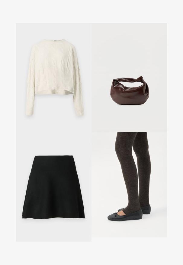 Pull en tricot torsadé crème avec un col rond, un ourlet court et des poignets côtelés. Présente un motif texturé sur l'ensemble du tissu.; Jupe patineuse noire en tissu doux, design évasé avec une texture lisse, dotée d'une taille haute et coupée au-dessus du genou.; Jambes portant des leggings côtelés foncés associés à des ballerines noires avec de petits détails en nœud sur fond blanc.; Sac bandoulière en cuir marron foncé avec une forme souple et décontractée et une anse nouée torsadée sur un fond blanc uni.