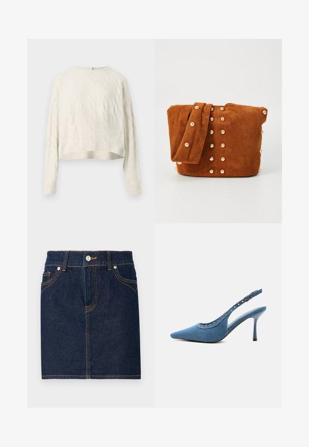 Pull en tricot torsadé crème avec un col rond, un ourlet court et des poignets côtelés. Présente un motif texturé sur l'ensemble du tissu.; Jupe en denim bleu foncé avec des coutures visibles, design à cinq poches et fermeture par bouton à l'avant. Coupe droite avec un ourlet net.; Chaussure à talon haut slingback en denim bleu à bout pointu avec détails œillets argentés et bride réglable à boucle.; Sac à épaule en daim marron avec une large sangle, présentant des clous en métal doré disposés en motif vertical sur le devant et les côtés.