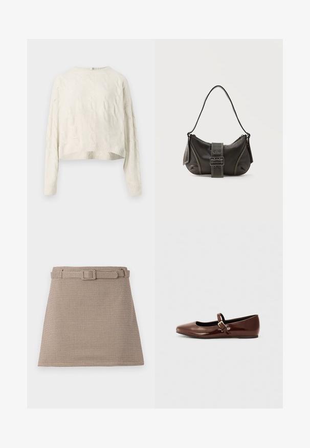 Crème kabelgebreide trui met een ronde halslijn, verkorte zoom en geribbelde manchetten. Bevat een textuurpatroon door de stof.; Bruin en beige houndstooth-patroon shorts met een tailleriem en strakke lijnen, een gestructureerde pasvorm en een gladde stoftextuur.; Bruine gepatineerde leren balletschoen met een vierkante neus en een bandje met een kleine gouden gesp. Gladde textuur, lage hak en minimalistisch ontwerp.; Zwarte leren schoudertas met gespsluiting aan de riem, afgeronde hoeken en contrasterende witte stiksels op een effen achtergrond.