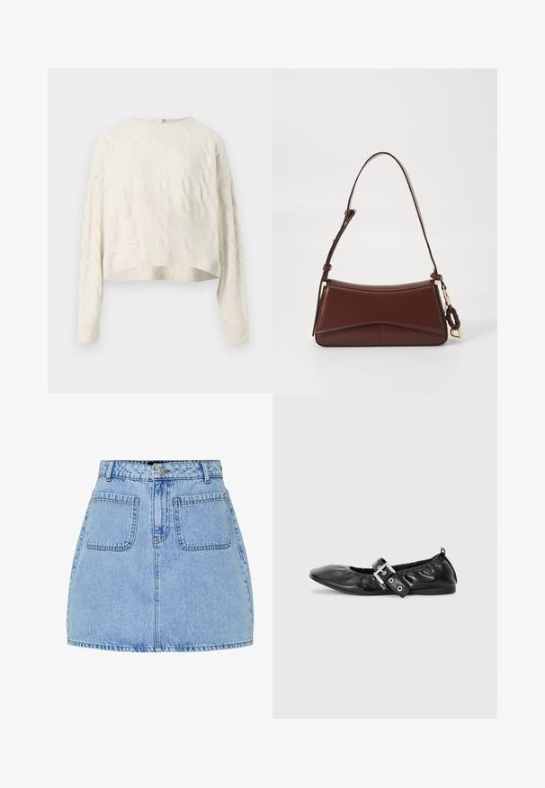 Crème kabelgebreide trui met een ronde halslijn, verkorte zoom en geribbelde manchetten. Bevat een textuurpatroon door de stof.; Lichtblauwe denim mini-jurk met een hoge taille, sluiting met knopen aan de voorkant en twee achterzakken. Kenmerkt zich door contrasterende stiksels en een rechte pasvorm.; Zwarte leren platte schoen met een spitse neus, geplooide details rond de opening en een zilveren gespaccentueerde verstelbare band.; Bruine leren handtas met een gebogen silhouet, enkele schouderriem en gouden accenten. Bevat een gevlochten detail en een gladde, matte textuur.
