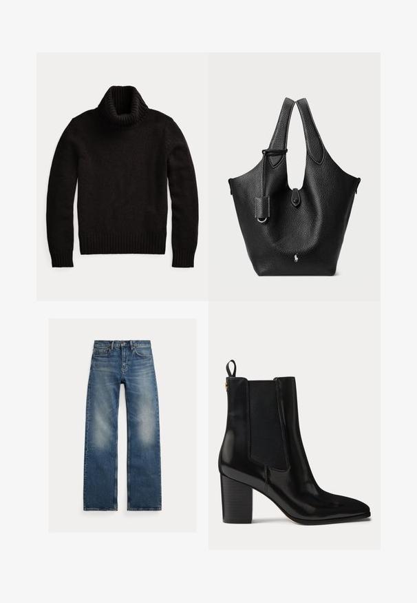 Zwarte coltrui van een gestructureerde gebreide stof. Kenmerkt zich door een hoge, ribbelige kraag en ribbelige manchetten en onderrand voor een aansluitende pasvorm.; Blauwe straight-leg jeans met vervaagde plekken op de dijen, vijfzakkenontwerp en knoopsluiting, plat liggend op een witte achtergrond.; Zwarte leren enkellaars met blokhak, elastische zijpanelen, trek-lus aan de hiel en puntige neus.; Zwarte leren tote bag met een leerachtige textuur, gebogen bovenkant, dubbele handvatten en een zilveren logodetail aan de voorkant. Beschikt over een afneembare schouderband.