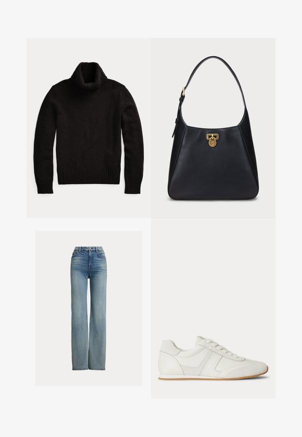 Sort højt sweater lavet af struktureret strikket stof. Har en høj ribkantet krave samt ribbede manchetter og kant for en tætsiddende pasform.; Højtaljede, lige ben blå jeans med forlommer, bæltestropper og knaplukning, der har subtile slidte detaljer.; Hvid lavtop sneaker med snørelukning foran, ruskind- og læderpaneler og en lysebrun gummisål på en hvid baggrund.; Sort læder skuldertaske med et buet design, der har en guld lås og en rund rem. Glat tekstur med minimale detaljer.
