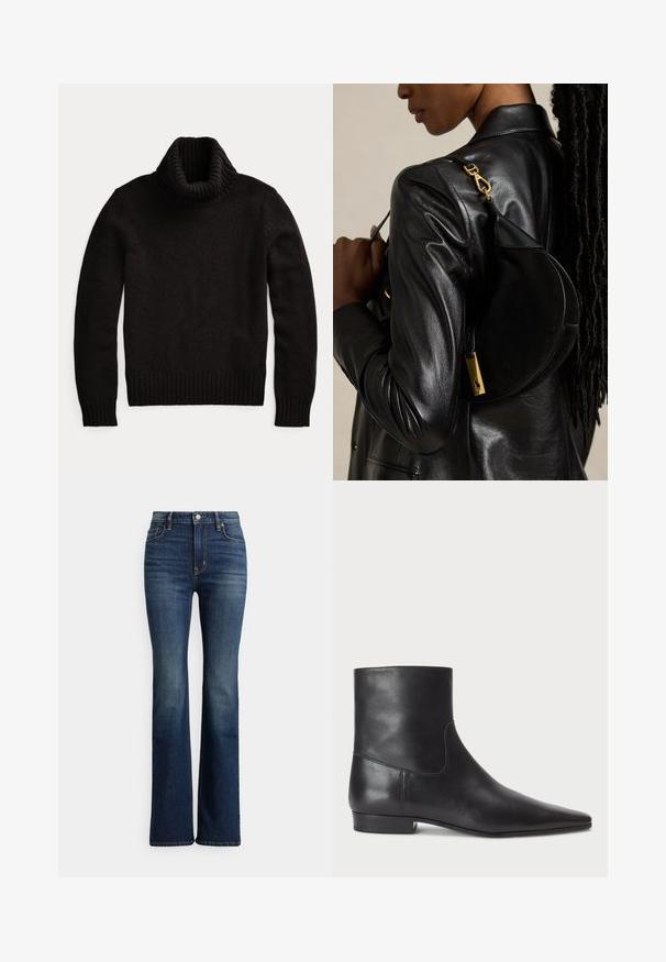 Sort højt sweater lavet af struktureret strikket stof. Har en høj ribkantet krave samt ribbede manchetter og kant for en tætsiddende pasform.; Mørkeblå højhælede bootcut-jeans med høj talje, forreste knap og lommer, let falmede områder på lår og knæ, vist på hvid baggrund.; Polo Ralph Lauren CALFSKIN ANKLE BOOT - Støvletter - black; Person iført sort læderjakke bærer sort halvmåneformet håndtaske med guldlås over skulderen mod ensfarvet baggrund.