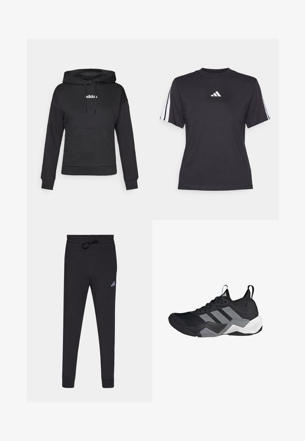 Sweatshirt à capuche noir avec poche kangourou, cordons de serrage et logo "adidas" blanc à l'avant. Tissu doux, coupe décontractée, manches longues.; T-shirt de sport noir en tissu doux, avec un col rond, des manches courtes et trois rayures blanches sur chaque épaule. Logo blanc sur la poitrine.; Pantalons de sport noirs en tissu doux, avec une taille à cordon, des jambes fuselées et un petit logo Adidas blanc sur la cuisse gauche.; Chaussure de sport noire avec une tige en maille respirante, des accents gris, une semelle texturée et trois rayures distinctives sur le côté.