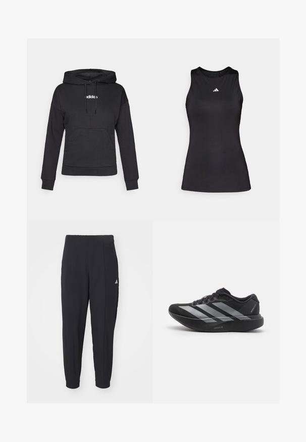 Sort hætte sweatshirt med en kengurulomme, snoretræk og hvid "adidas" logo på fronten. Blødt stof, afslappet pasform, lange ærmer.; Sort ærmeløs atletisk top lavet af glat stof. Har en rund halsudskæring og et lille hvidt Adidas-logo på brystet.; Sorte træningsbukser lavet af et glat stof. Taperet design med elastiske manchetter. Har et lille hvidt logo på venstre hofte.; Sort løbesko med sølvstriber, tyk polstret sål mærket "Lightstrike Pro," set fra siden på hvid baggrund.