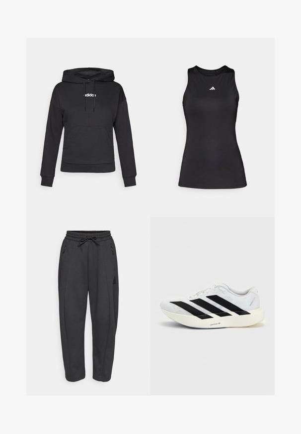Zwarte hoodie met kangoeroezak, trekkoorden en wit "adidas" logo aan de voorkant. Zachte stof, relaxte pasvorm, lange mouwen.; Zwart mouwloos sporttop gemaakt van gladde stof. Heeft een ronde halslijn en een klein wit Adidas-logo op de borst.; Zwarte sportbroeken met een elastische tailleband, trekkoord, zijzakken met rits en taps toelopende benen. Gemaakt van een zachte, gestructureerde stof.; Witte hardloopschoen met zwart drie-strepen ontwerp aan de zijkant en dikke witte zool met label "Lightstrike Pro" op een effen achtergrond.