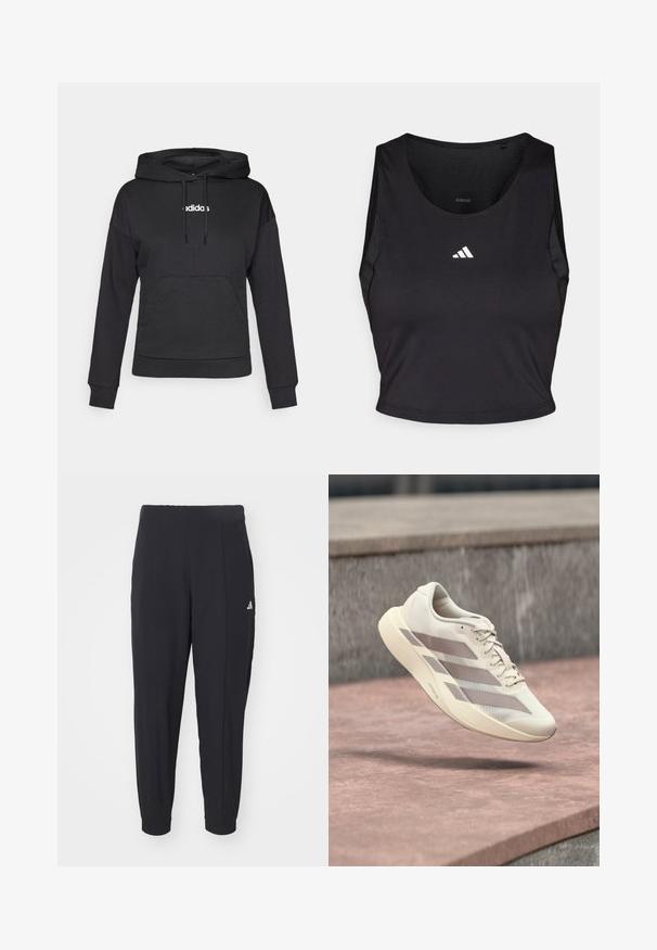Zwarte hoodie met kangoeroezak, trekkoorden en wit "adidas" logo aan de voorkant. Zachte stof, relaxte pasvorm, lange mouwen.; Zwarte sportcrop top gemaakt van vochtregulerende stof, met een ronde hals, mouwloos ontwerp en wit logo op de borst.; Zwarte sportbroek gemaakt van een gladde stof. Tapervormig ontwerp met elastische boorden. Voorzien van een klein wit logo op de linkerheup.; Roomkleurige hardloopschoen met taupekleurige strepen, zwevend boven een roodbruine betegelde ondergrond en een grijze stenen achtergrond.