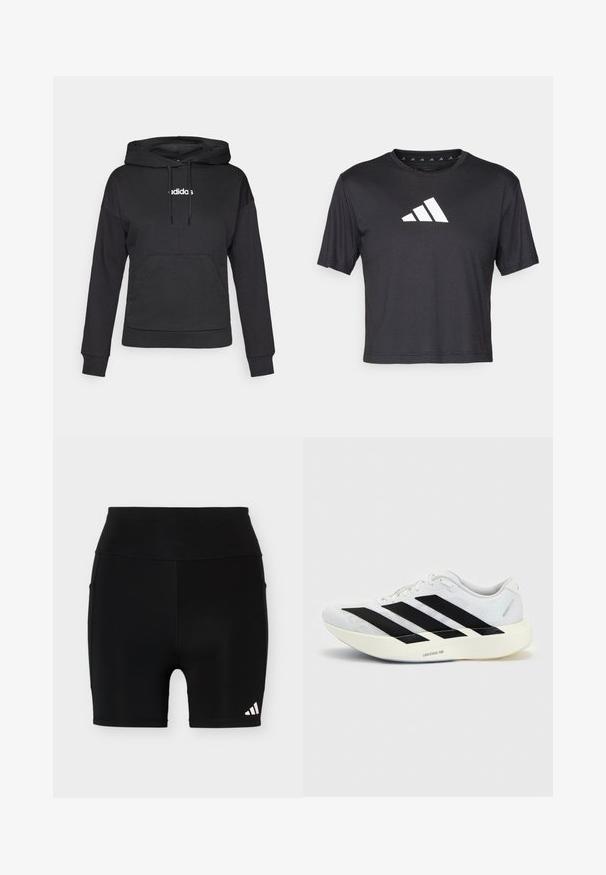 Zwarte hoodie met kangoeroezak, trekkoorden en wit "adidas" logo aan de voorkant. Zachte stof, relaxte pasvorm, lange mouwen.; Zwarte cropped t-shirt van gladde stof, met een witte Adidas-logo op de borst, ronde halslijn en korte mouwen.; Zwarte atletische shorts met hoge taille, met een klein wit Adidas-logo op het onderste linkerbeen en zijzakken tegen een effen achtergrond.; Witte hardloopschoen met zwart drie-strepen ontwerp aan de zijkant en dikke witte zool met label "Lightstrike Pro" op een effen achtergrond.