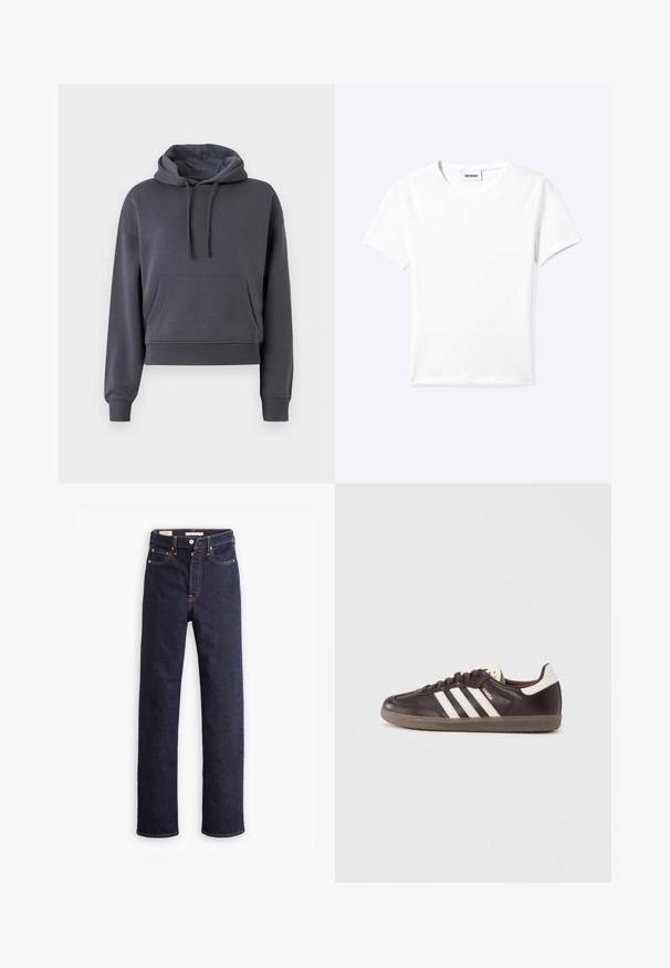 Γκρίζα cropped hoodie φτιαγμένο από μαλακό υλικό, με μπροστινή τσέπη, ρυθμιζόμενους κορδόνια και ριμπ μανσέτες.; Απλό λευκό μπλουζάκι με κοντά μανίκια και στρογγυλή λαιμόκοψη, με μια μικρή ετικέτα "WEEKDAY" μέσα στο λαιμό, εμφανίζεται απλωμένο πάνω σε ανοιχτό φόντο.; Σκούρες μπλε τζιν παντελόνες ίσιας γραμμής με πέντε τσέπες και ορατή πορτοκαλί ραφή σε λευκό φόντο.; Σκούρα καφέ δερμάτινα αθλητικά παπούτσια με λευκό σχέδιο τριών ραβδώσεων, λαστιχένια σόλα και τη λέξη «Samba» σε χρυσά γράμματα στο πλάι. Κλασικό σχήμα με χαμηλό πάνω μέρος.