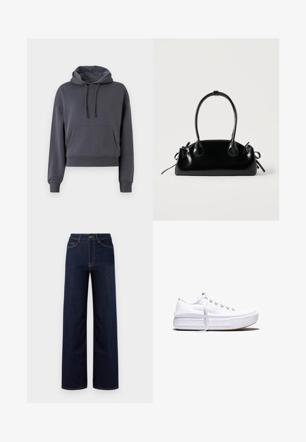 Hoodie gris court en matériau doux, avec une poche sur le devant, des cordons de serrage réglables et des poignets côtelés.; Jeans en denim bleu foncé à jambes larges, avec une taille haute, quatre poches et des coutures contrastantes le long des coutures.; Baskets basses blanches en toile avec semelle plateforme épaisse, lacets sur le devant et embout en caoutchouc texturé, vues de profil.; Petit sac à main noir brillant avec deux longues anses et des détails à cordon sur les côtés sur un fond clair uni.