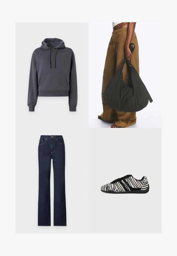 Grå cropped hoodie lavet af blødt materiale, med en frontlomme, justerbare snore og ribbede manchetter.; Mørkeblå denim jeans med lige ben, featuring en frontlukning med knap, fem lommer og kontrasterende syninger.; Sort-hvid snørebåndssneaker med zebra-stribemønster og tekstureret sort sål på en ensartet lys baggrund.; Person iført brune vidde bukser og hvid top holder en stor sort blød håndtaske i remmen ved siden.
