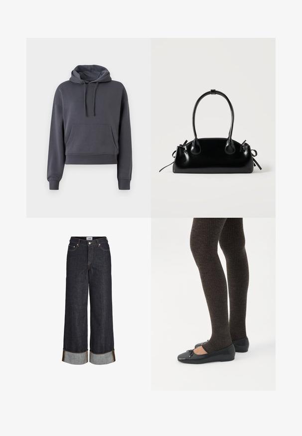 Γκρίζα cropped hoodie φτιαγμένο από μαλακό υλικό, με μπροστινή τσέπη, ρυθμιζόμενους κορδόνια και ριμπ μανσέτες.; Σκούρο μπλε τζιν με φαρδιά μπατζάκια, γυρισμένο τελείωμα, πέντε τσέπες και αντίθετες κίτρινες ραφές.; Πόδια με σκουρόχρωμα ριμπ κολάν συνδυασμένα με μαύρα μπαλαρίνα παπούτσια με μικρές λεπτομέρειες φιόγκων σε λευκό φόντο.; Μικρή μαύρη γυαλιστερή τσάντα με δύο μακριές λαβές και λεπτομέρειες με ρυθμιζόμενο κορδόνι στο πλάι σε απλό ανοιχτό φόντο.