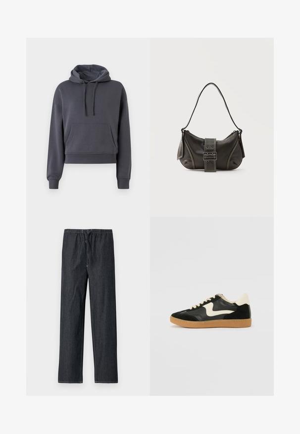 Grijs cropped hoodie gemaakt van zachte stof, met een voorzak, verstelbare trekkoorden en geribbelde manchetten.; Donkere spijkerbroek met een elastische tailleband en een trekkoord, uitgevoerd met een rechte pijp en contrasterende stiksels.; Zwarte suède en leren sneaker met een crèmekleurige zij-swoosh en lichte crèmekleurige hiel. Voorzien van beige veters en een gumrubberen zool.; Zwarte leren schoudertas met gespsluiting aan de riem, afgeronde hoeken en contrasterende witte stiksels op een effen achtergrond.