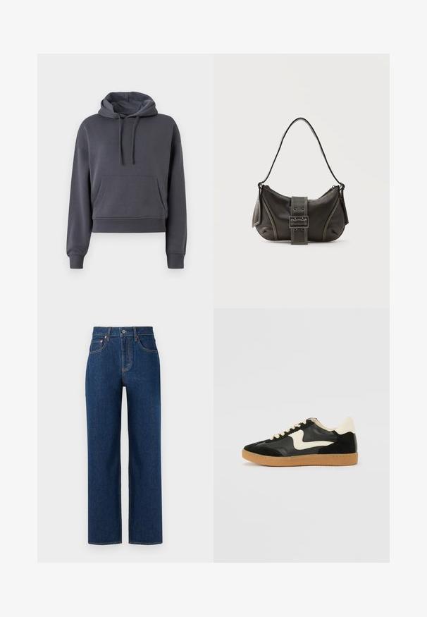 Hoodie gris court en matériau doux, avec une poche sur le devant, des cordons de serrage réglables et des poignets côtelés.; Jeans en denim bleu foncé avec une coupe droite, dotés de coutures orange, de cinq poches et d'une fermeture à bouton classique.; Baskets en daim et cuir noir avec un swoosh latéral crème et un talon crème clair. Dotées de lacets beige et d'une semelle en caoutchouc gomme.; Sac à épaule en cuir noir avec une sangle à boucle, des bords arrondis et des coutures blanches contrastées sur un fond uni.