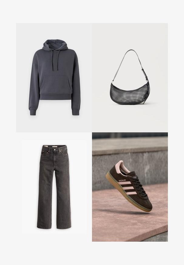 Grijs cropped hoodie gemaakt van zachte stof, met een voorzak, verstelbare trekkoorden en geribbelde manchetten.; Hoge taille, wijde pijp jeans van donkergrijze denim, met zijzakken, contrasterende koperen klinknagels en een strakke afwerking zonder versieringen.; Donkerbruine suède sneaker met roze accenten, met drie roze strepen, een geforceerde zool en een logo aan de zijkant. Klassiek ontwerp met laag profiel.; Kleine zwarte mesh schoudertas in halve maanvorm met verstelbare dunne band, tegen een effen lichte achtergrond.