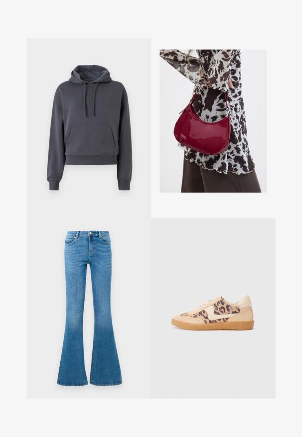 Grijs cropped hoodie gemaakt van zachte stof, met een voorzak, verstelbare trekkoorden en geribbelde manchetten.; Blauwe spijkerbroeken met uitlopende pijpen en een mid-rise taille, voorzien van vijf zakken, een standaard knoopsluiting en een lichte vervaging voor textuur.; Luipaardprint sneakers met een beige suède bovenkant, tan rubberen zool en witte accenten. Ronde neus en vetersluiting met een gestructureerde afwerking.; Vrouw met een zwart-wit gebloemde blouse houdt een glanzende rode schoudertas vast tegen een effen achtergrond.