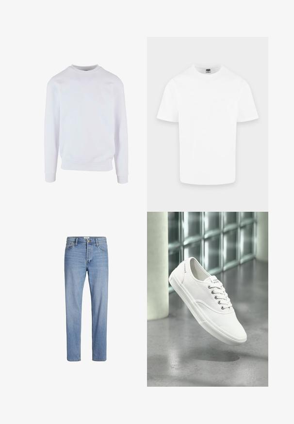 Hvid sweatshirt med rund halsudskæring, ribbede manchetter og kant, samt et enkelt design. Fremstillet af blød, letvægtsstof.; Enkelt hvid kortærmet T-shirt med rund hals i bomuld vist på en lys grå baggrund.; Lysblå denimjeans med lige pasform, standard fem-lomme design og synlig stitching. Ingen tydelige mønstre eller accenter.; Hvid lavtop lærredssneaker med snørebånd, mærket Tommy Hilfiger, vist svævende over en glat grå gulv nær en væg af glasblokke.