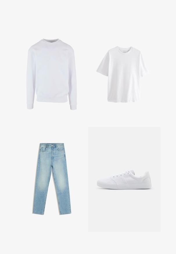 Hvid sweatshirt med rund halsudskæring, ribbede manchetter og kant, samt et enkelt design. Fremstillet af blød, letvægtsstof.; Simpel hvid T-shirt med korte ærmer og rund hals med en afslappet pasform på hvid baggrund.; Lyseblå jeans med høj talje, lige ben, for- og baglommer og knaplukning på hvid baggrund.; Hvide lærreds sneakers med gummisål, der har seks snørehuller, en struktureret tåkap og et minimalistisk design.
