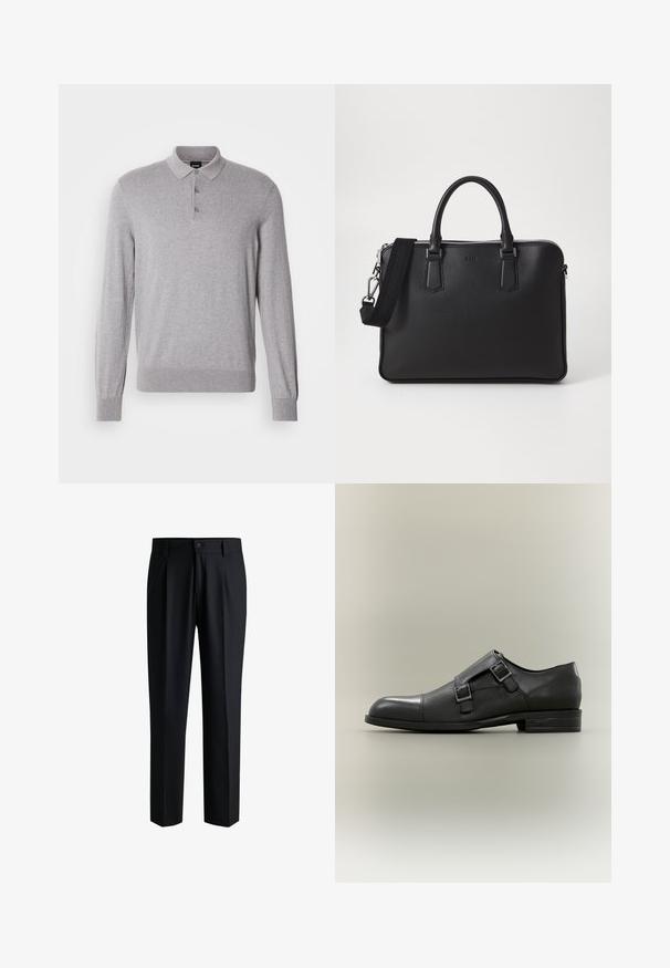 Polo manches longues gris en tissu doux, avec col, patte à trois boutons et poignets et ourlet côtelés.; Pantalons noirs en tissu lisse, avec une coupe droite, des plis à l'avant et une fermeture à bouton avec passants de ceinture.; Chaussure habillée à double boucle pour homme en cuir noir, avec une section médiane texturée et un bout poli, semelle plate, et logo embossé sur le talon.; Sac en cuir noir avec surface texturée, deux poignées et une bandoulière amovible. Il présente des fermetures éclair en argent et des éléments de design minimalistes.