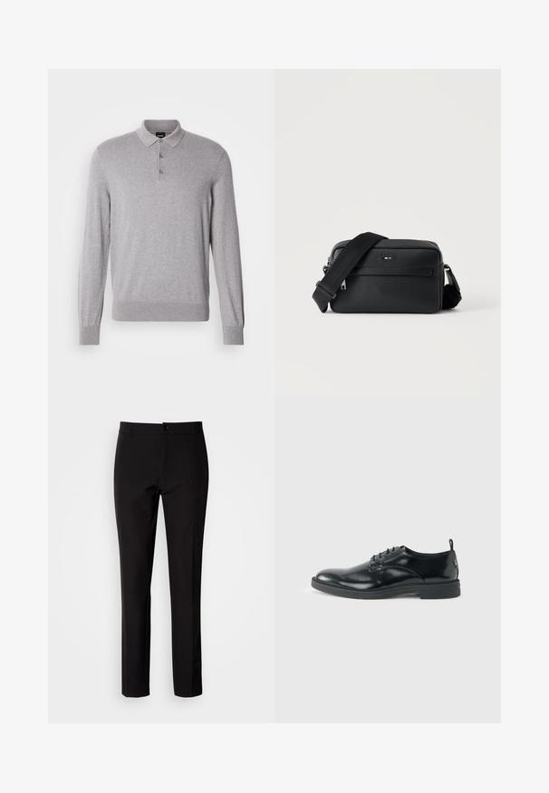 Polo manches longues gris en tissu doux, avec col, patte à trois boutons et poignets et ourlet côtelés.; Pantalon noir en tissu lisse, avec coupe droite, fermeture à boutons sur le devant et poches latérales discrètes. Look simple et ajusté.; Chaussure habillée en cuir noir brillant avec un petit talon, fermeture à lacets et bout rond, vue de côté sur un fond uni et clair.; Sac bandoulière en cuir noir texturé avec poche avant zippée et bandoulière large en tissu réglable sur fond blanc.