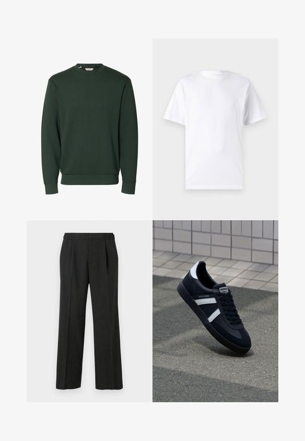 Sudadera de cuello redondo de manga larga en verde oscuro, con puños y dobladillo acanalados, diseño sencillo sin logotipos ni patrones visibles.; Camiseta blanca de manga corta hecha de algodón con cuello redondo, que presenta una textura suave y un diseño simple sin patrones ni acentos.; Pantalones de pierna ancha negros con cintura elástica, frente plisado y textura suave. Sin patrones visibles ni detalles metálicos.; Zapatilla de cuero negra con rayas blancas, suela de goma texturizada y parte frontal con cordones. Cuenta con una etiqueta de marca en la lengüeta.