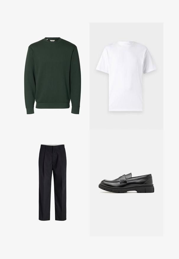 Donkergroene trui met lange mouwen en een ronde hals, geribbelde boorden aan mouwen en zoom, eenvoudig ontwerp zonder zichtbare logo's of patronen.; Witte T-shirt met korte mouwen, gemaakt van katoen, met een ronde hals. Het heeft een gladde textuur en een eenvoudig ontwerp zonder patronen of accenten.; Zwarte broek met rechte pijpen, voorzien van een tailleband, riemlussen, een ritssluiting aan de voorkant en zijzakken, afgebeeld op een witte achtergrond.; Zwarte leren instapper met een brede band over de voet, rubberen zool met dikke noppen en een gladde textuur. Klassiek, strak ontwerp.