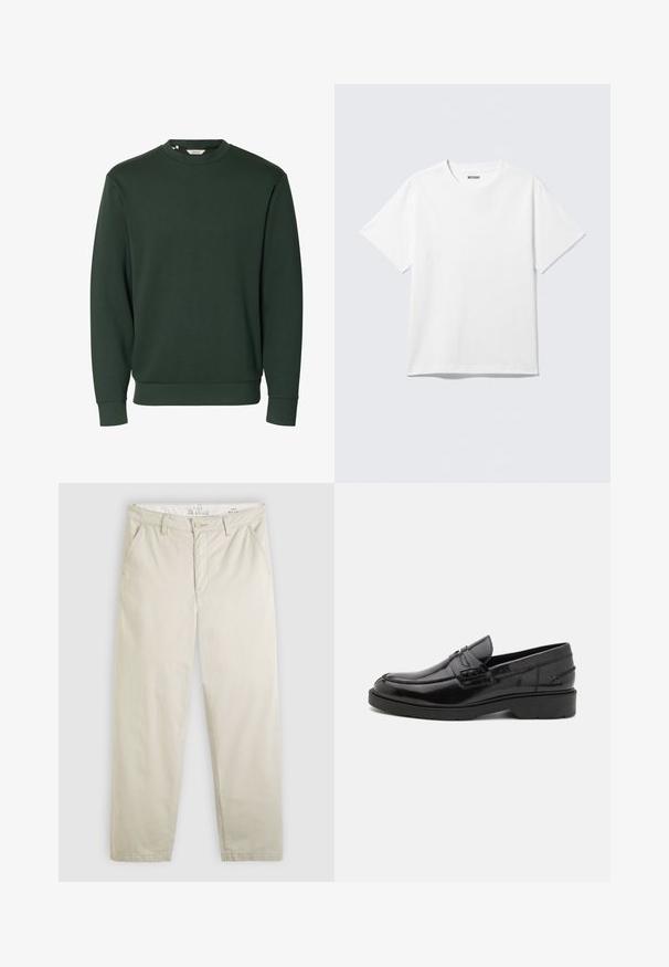 Sudadera de cuello redondo de manga larga en verde oscuro, con puños y dobladillo acanalados, diseño sencillo sin logotipos ni patrones visibles.; Camiseta blanca de manga corta con cuello redondo, colocada plana, diseño liso, con etiqueta "WEEKDAY" en el interior del cuello sobre un fondo claro.; Pantalones chinos de pierna recta color beige claro con bolsillos delanteros, trabillas para cinturón, cierre de botón y cremallera, mostrados planos sobre un fondo blanco.; Mocasines de cuero negro con un acabado suave, punta redondeada, tacón bajo y costura decorativa en la parte delantera. Suela de goma para mayor agarre.